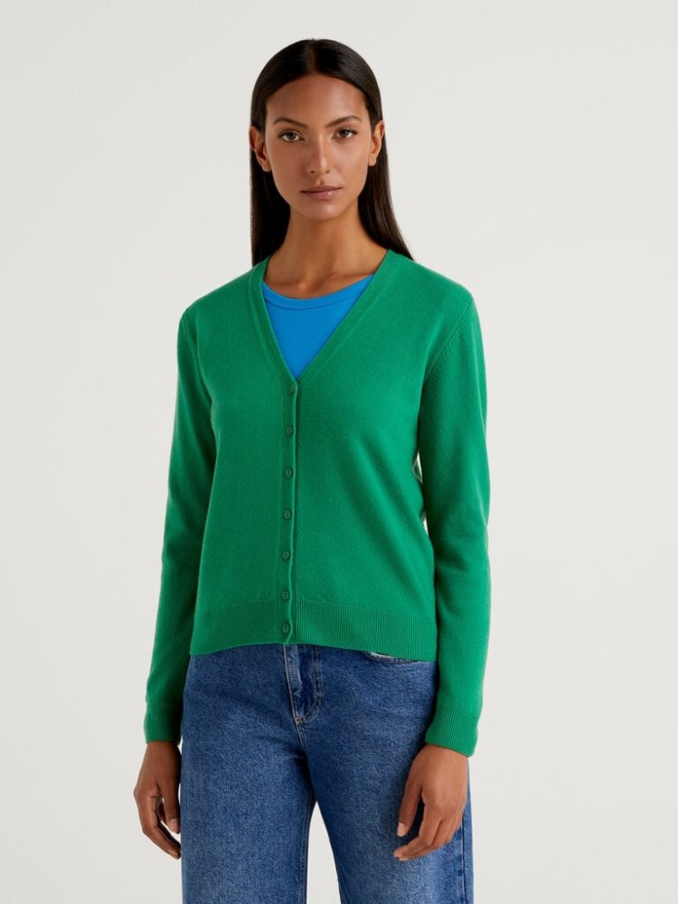 Benetton V-neck Pure Merino Wol Cardigan Dames Groen | BE086559