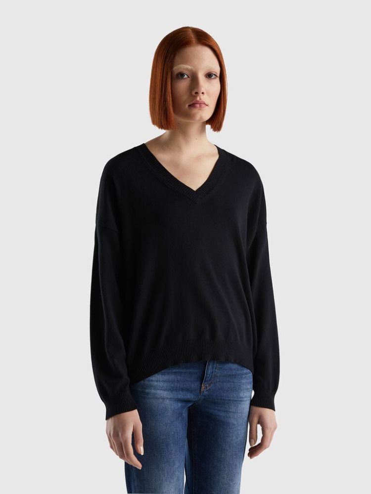 Benetton V-neck Truien Dames Zwart | BE766631