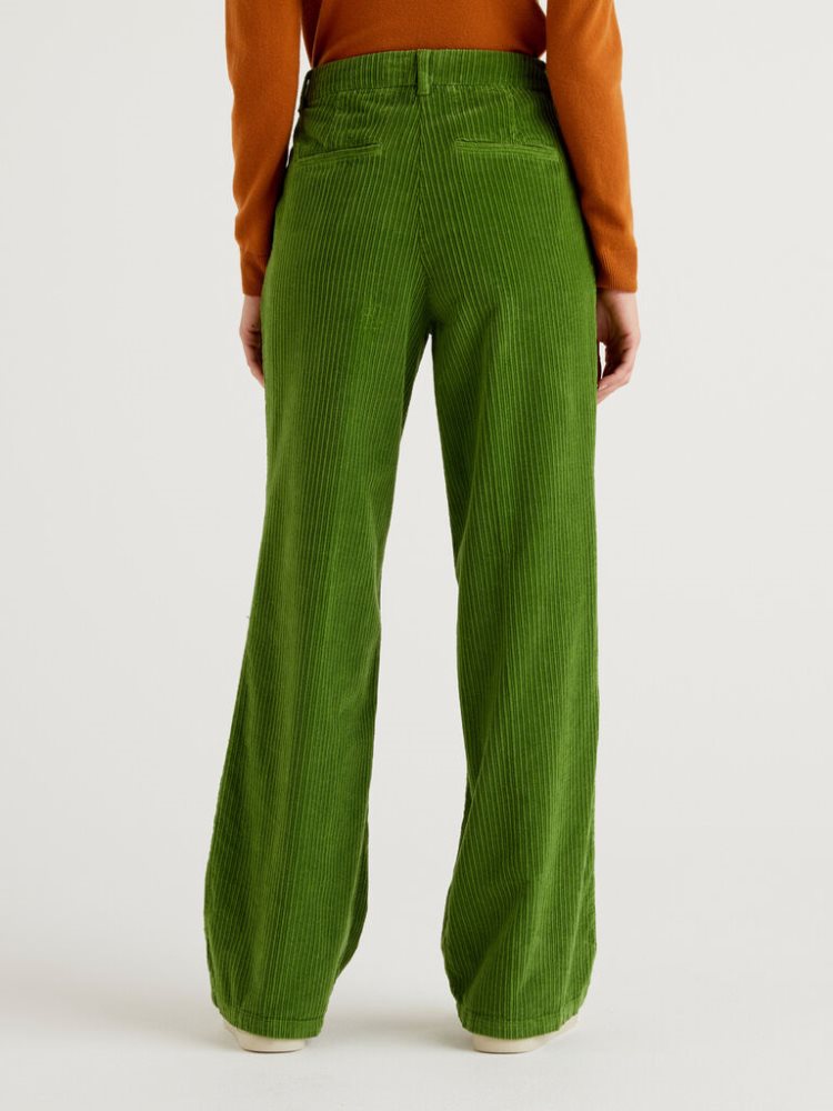 Benetton Velvet Brede Leg Broek Dames Olijfgroen Groen | BE589376