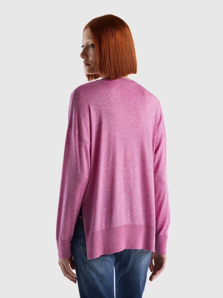 Benetton Viscose Blend Slits Crew Neck Sweaters Dames Fuchsie | BE119145