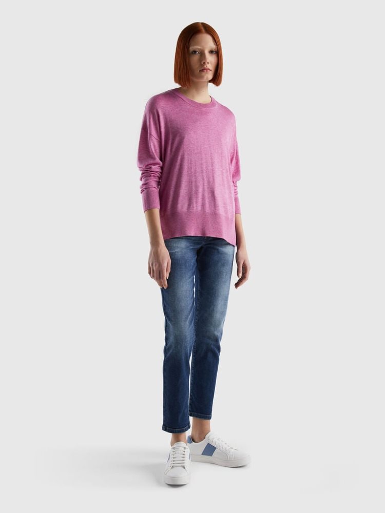 Benetton Viscose Blend Slits Crew Neck Sweaters Dames Fuchsie | BE119145