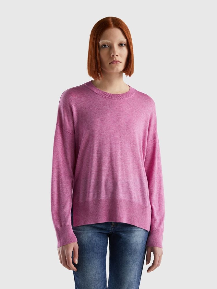 Benetton Viscose Blend Slits Crew Neck Sweaters Dames Fuchsie | BE119145