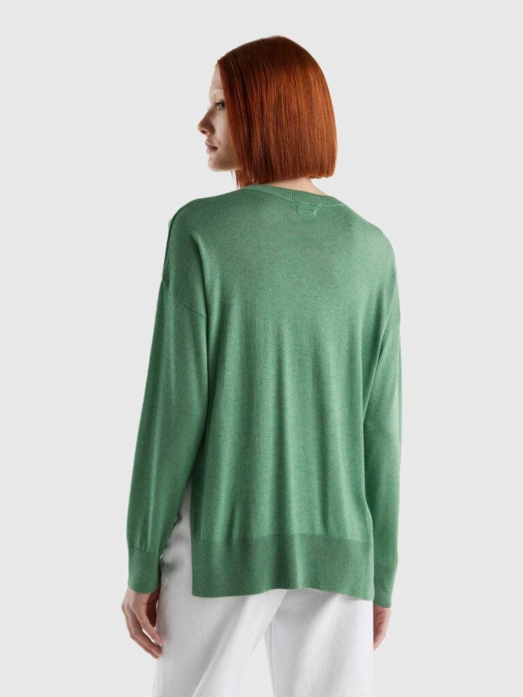 Benetton Viscose Blend Slits Crew Neck Sweaters Dames Groen | BE556914