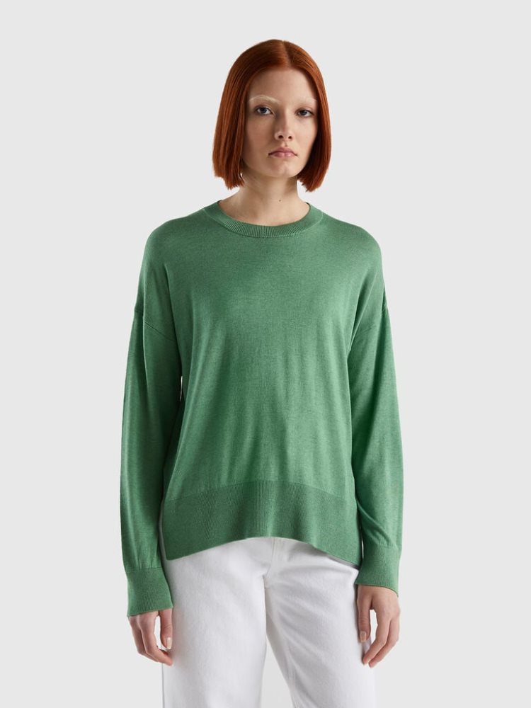 Benetton Viscose Blend Slits Crew Neck Sweaters Dames Groen | BE556914