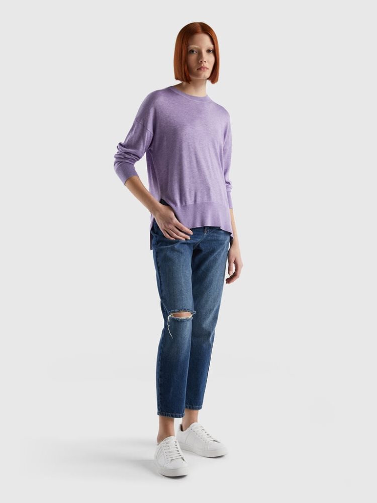 Benetton Viscose Blend Slits Crew Neck Sweaters Dames Lilac | BE798132