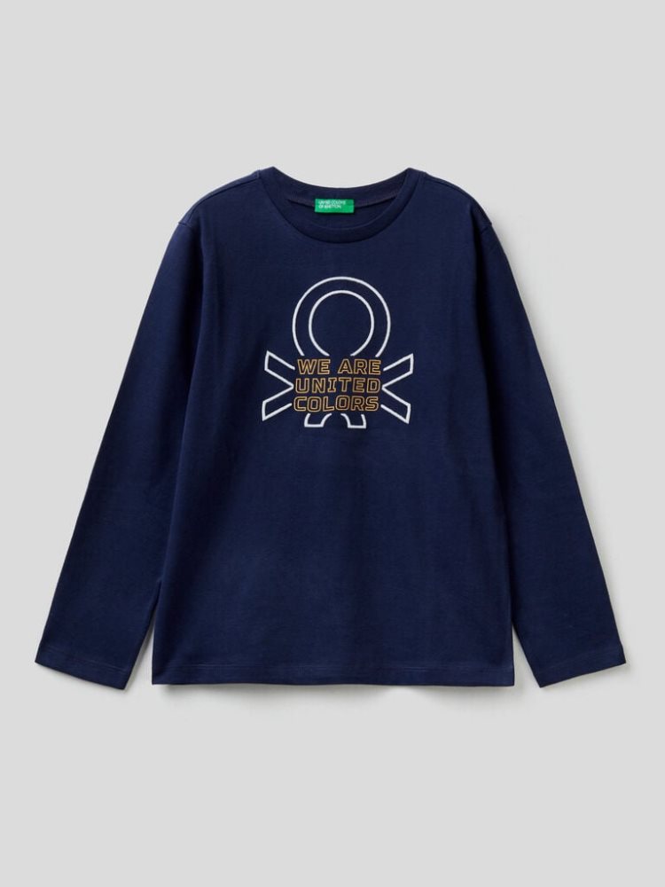 Benetton Warm 100% Organic Katoenen Long Sleeve T-shirts Kinderen Donkerblauw | BE778412