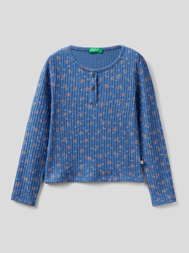 Benetton Warm Floral Print Long Sleeve T-shirts Kinderen Blauw | BE172293