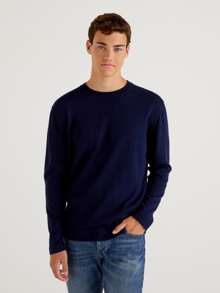 Benetton Warm Katoenen Crew Neck Sweaters Heren Donkerblauw | BE522000