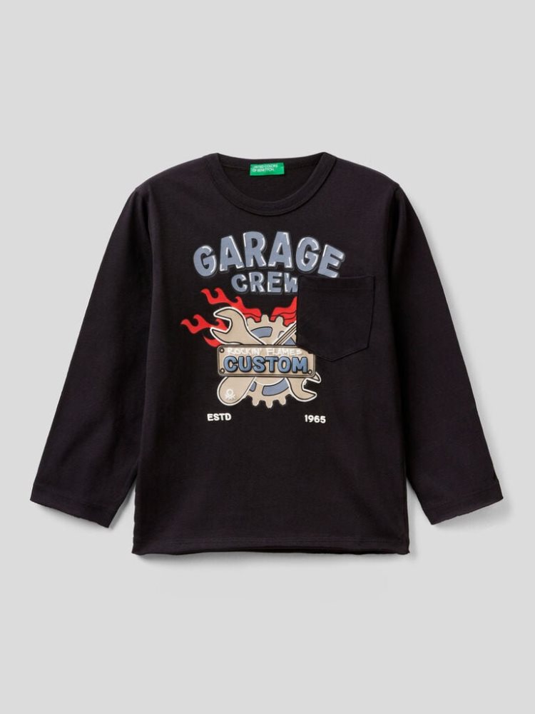 Benetton Warm Katoenen Pocket Long Sleeve T-shirts Kinderen Zwart | BE329868