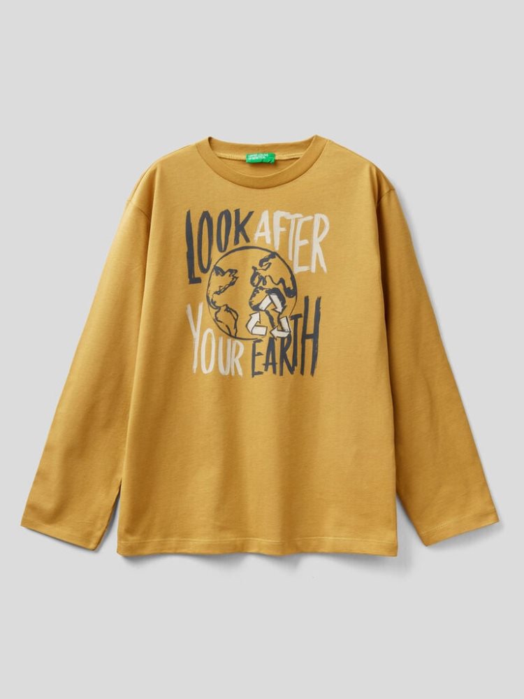 Benetton Warm Katoenen Print Long Sleeve T-shirts Kinderen Mosterdgeel | BE313508