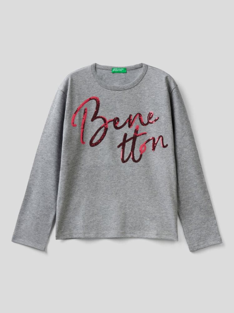 Benetton Warm Katoenen Sequins Long Sleeve T-shirts Kinderen Donkergrijs | BE338175