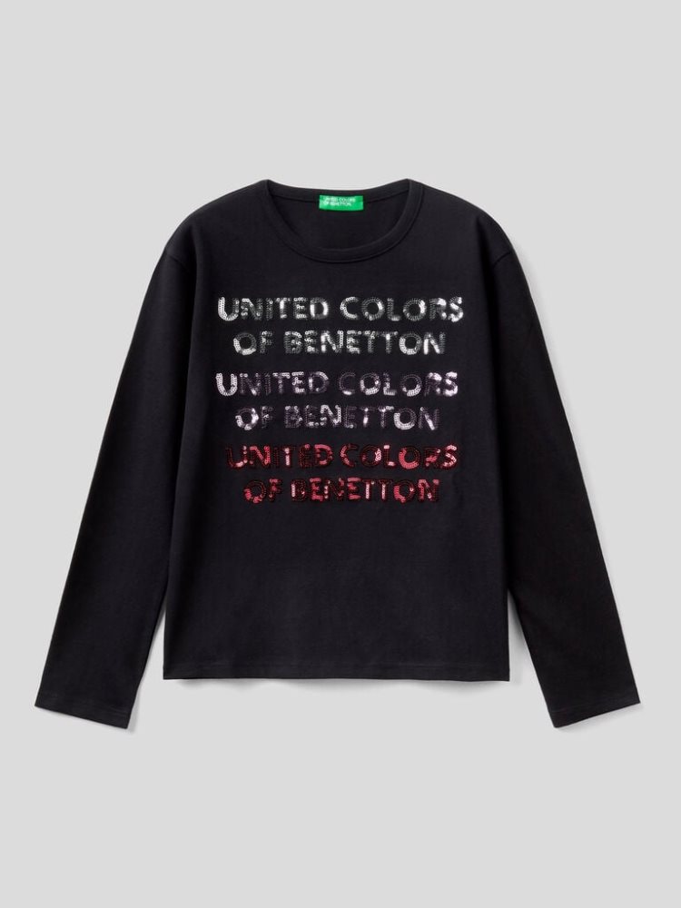 Benetton Warm Katoenen Sequins Long Sleeve T-shirts Kinderen Zwart | BE486185