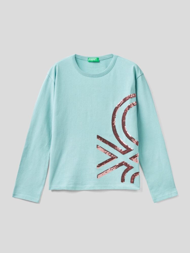 Benetton Warm Katoenen Sequins Long Sleeve T-shirts Kinderen Lichtblauw | BE546920