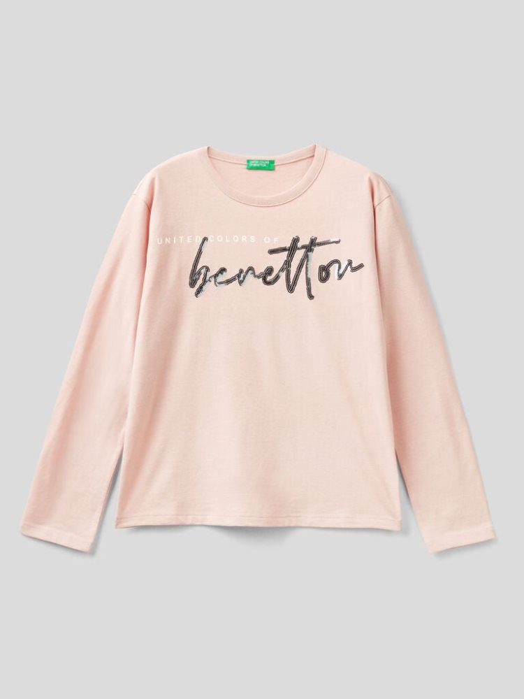 Benetton Warm Katoenen Sequins Long Sleeve T-shirts Kinderen Roze | BE787095