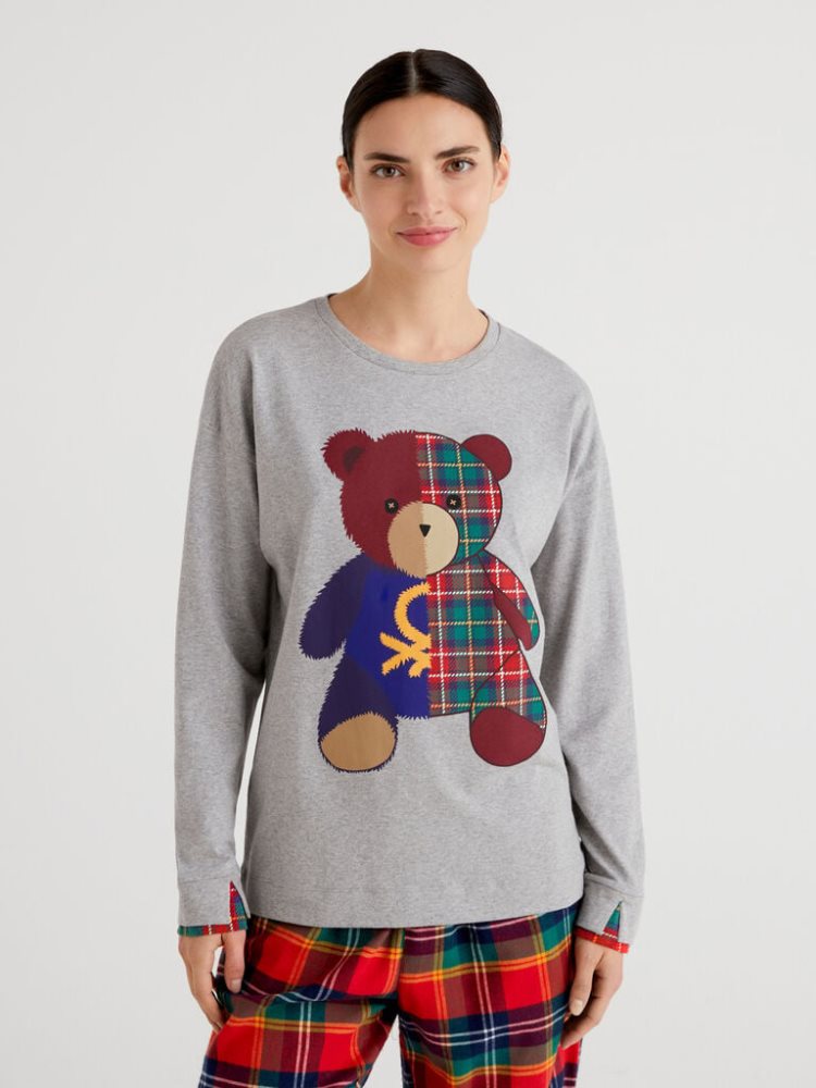 Benetton Warm Katoenen Teddy Bear Pyjamas Dames Grijs | BE389214