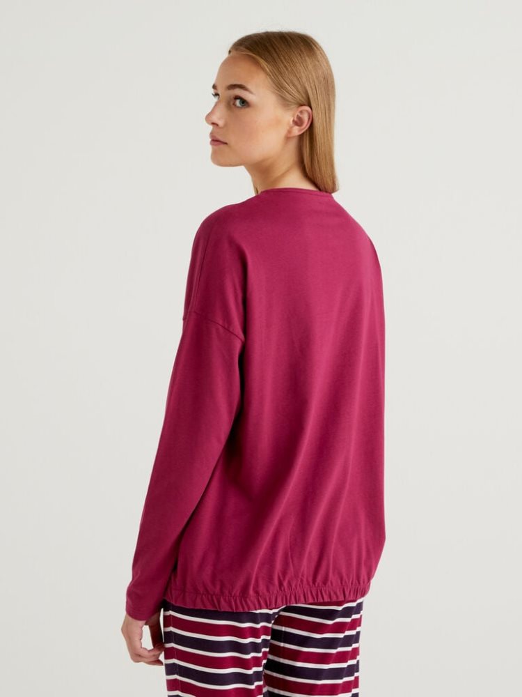 Benetton Warm Long Fiber Katoenen T-shirts Dames Bordeaux | BE031744