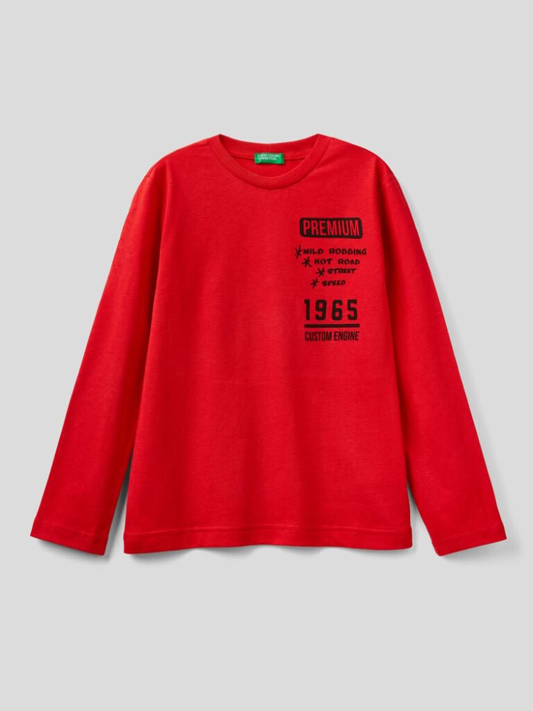 Benetton Warm Organic Katoenen Print Long Sleeve T-shirts Kinderen Rood | BE301107