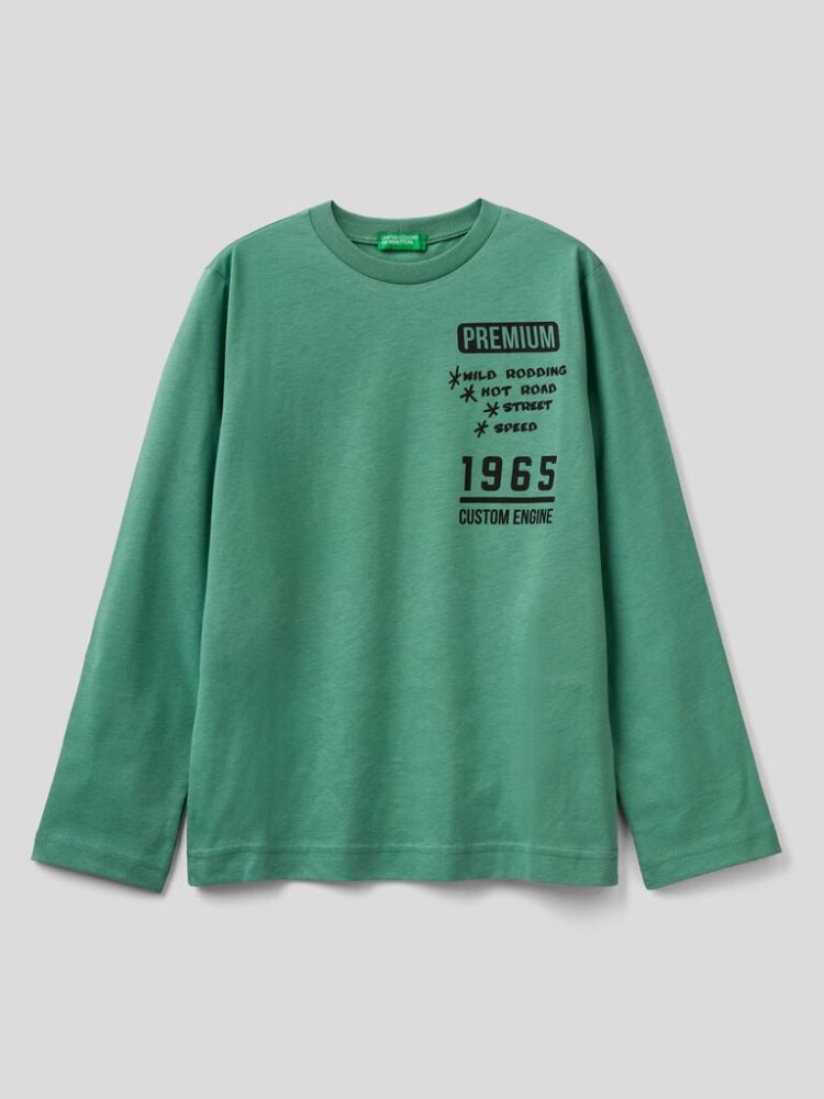 Benetton Warm Organic Katoenen Print Long Sleeve T-shirts Kinderen Groen | BE468856