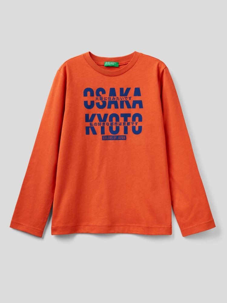 Benetton Warm Organic Katoenen Print Long Sleeve T-shirts Kinderen Oranje | BE762962