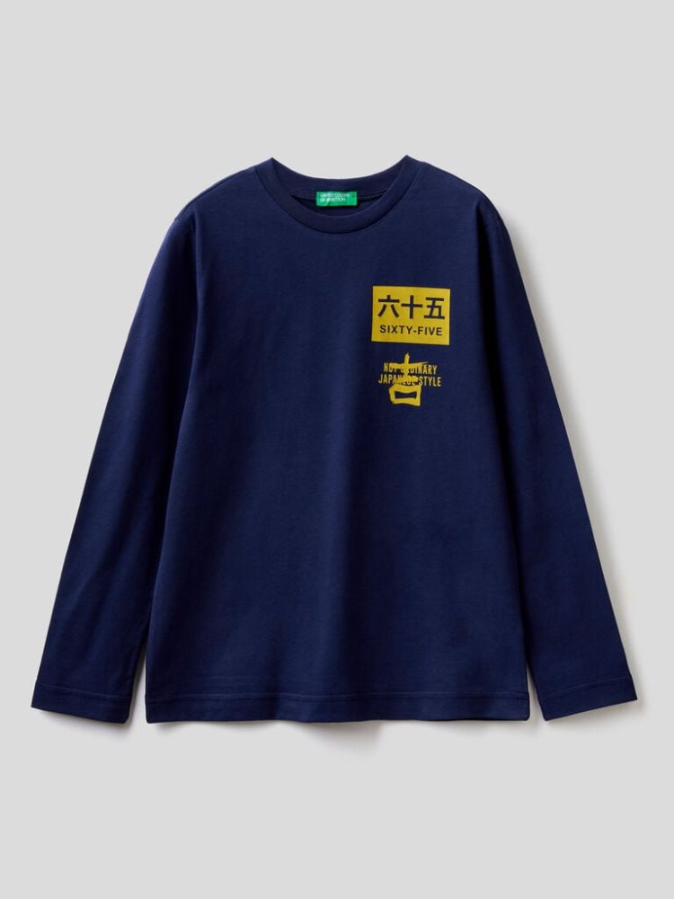 Benetton Warm Organic Katoenen Print Long Sleeve T-shirts Kinderen Donkerblauw | BE814144