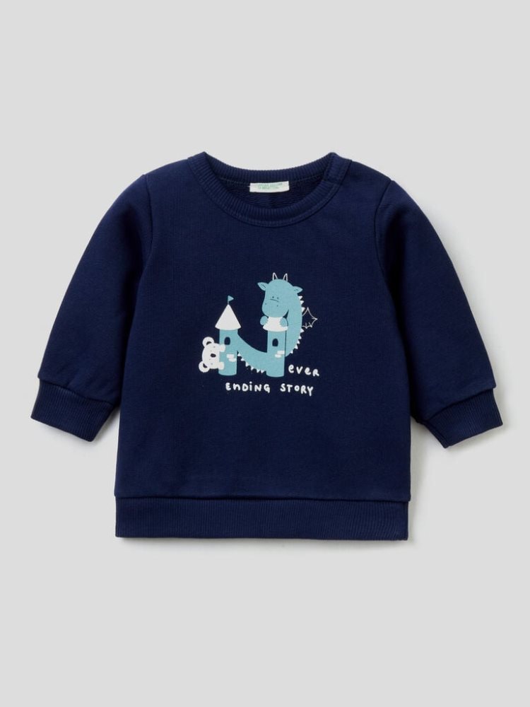 Benetton Warm Organic Katoenen Print Sweatshirt Kinderen Donkerblauw | BE460653