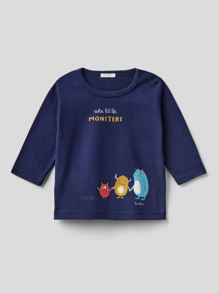 Benetton Warm Organic Katoenen Print T-shirts Kinderen Donkerblauw | BE156012