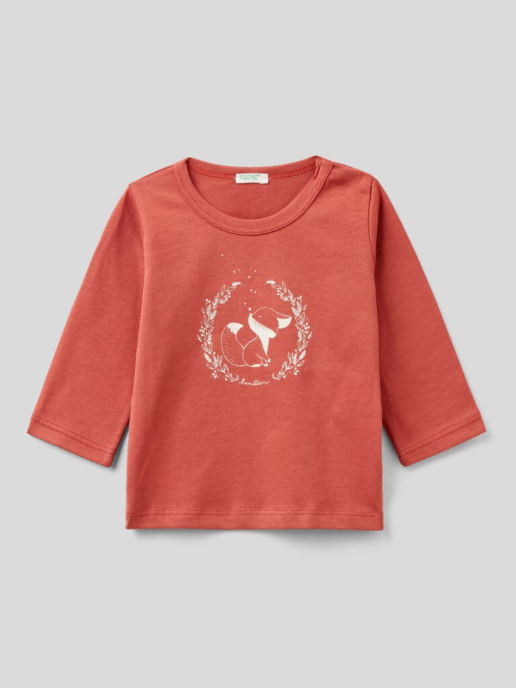 Benetton Warm Organic Katoenen Print T-shirts Kinderen Mauve | BE249854