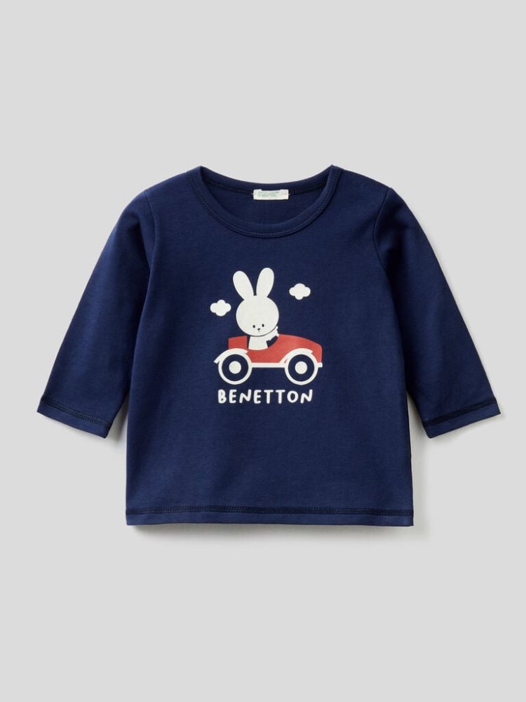 Benetton Warm Organic Katoenen T-shirts Kinderen Donkerblauw | BE243009