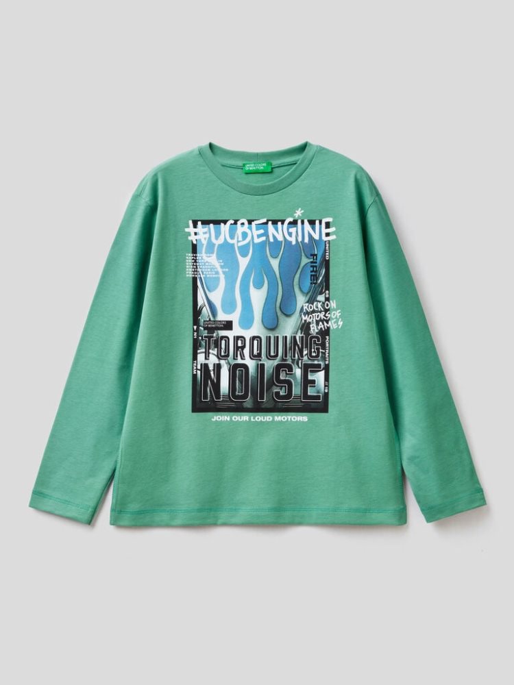 Benetton Warm Photo Print Long Sleeve T-shirts Kinderen Groen | BE796440