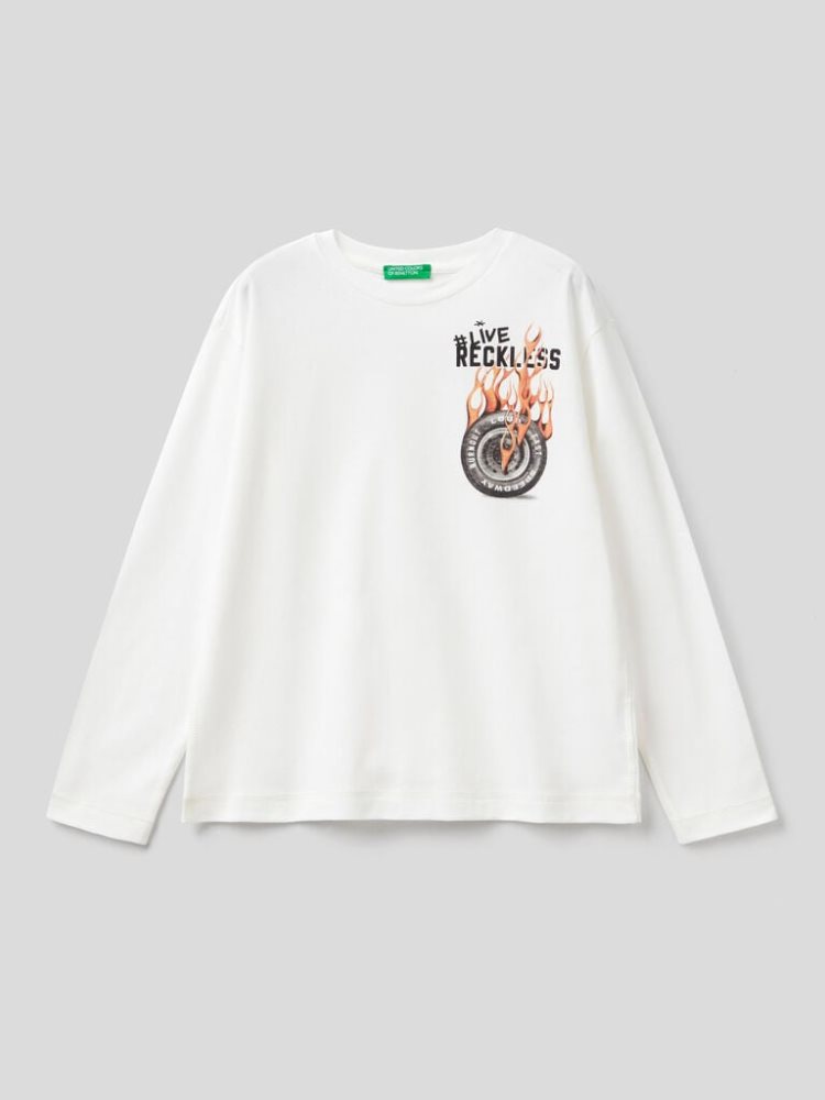 Benetton Warm Photo Print Long Sleeve T-shirts Kinderen Wit | BE904188