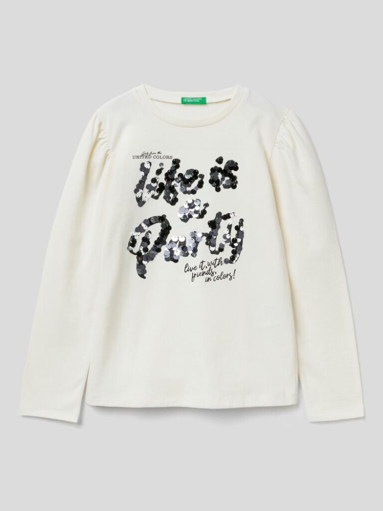 Benetton Warm Print And Sequins Long Sleeve T-shirts Kinderen Wit | BE038490