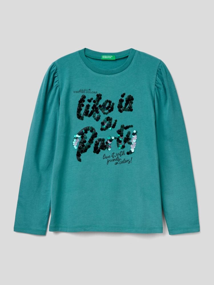 Benetton Warm Print And Sequins Long Sleeve T-shirts Kinderen Groen | BE125813