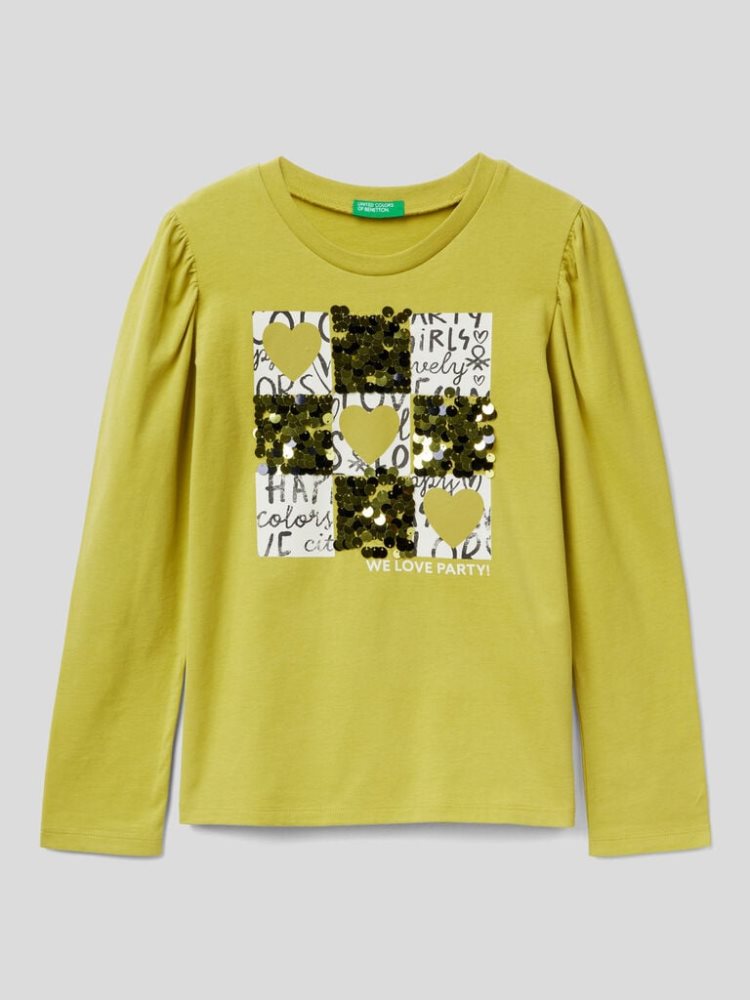 Benetton Warm Print And Sequins Long Sleeve T-shirts Kinderen Geel | BE961909