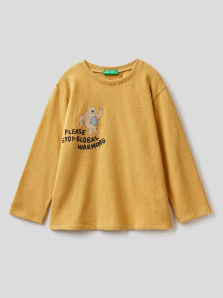 Benetton Warm Printed Long Sleeve T-shirts Kinderen Mosterdgeel | BE458949