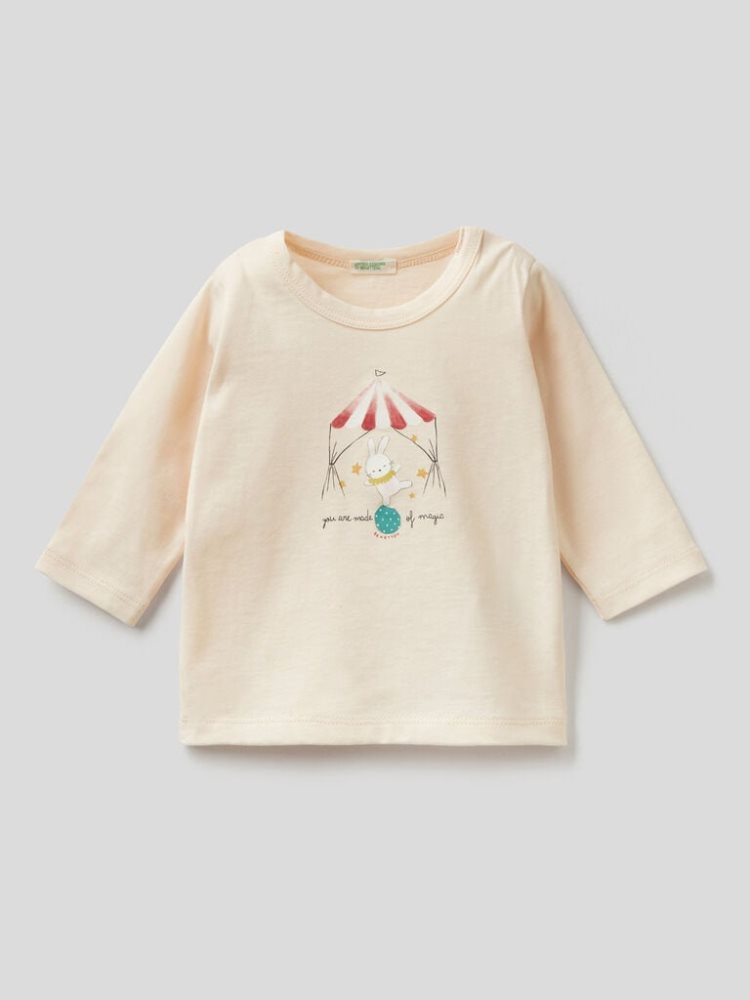 Benetton Warm Printed Organic Katoenen T-shirts Kinderen Wit | BE089048