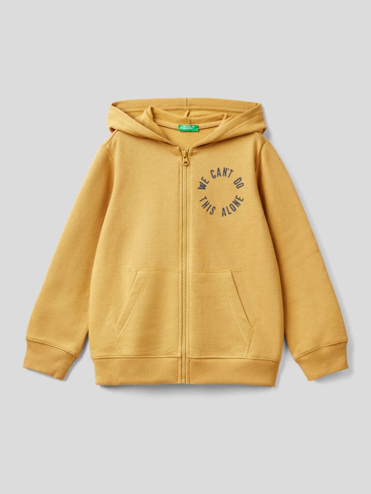 Benetton Warm Printed Zip Hoodie Kinderen Mosterdgeel | BE549233