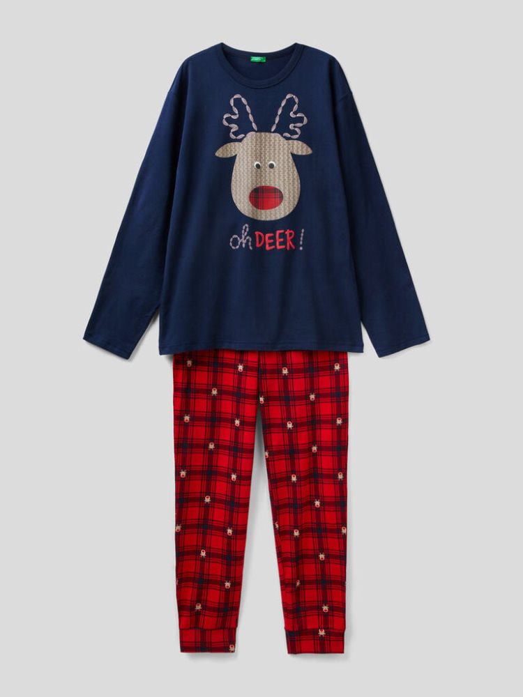 Benetton Warm Reindeer Print Pyjamas Heren Donkerblauw | BE415934