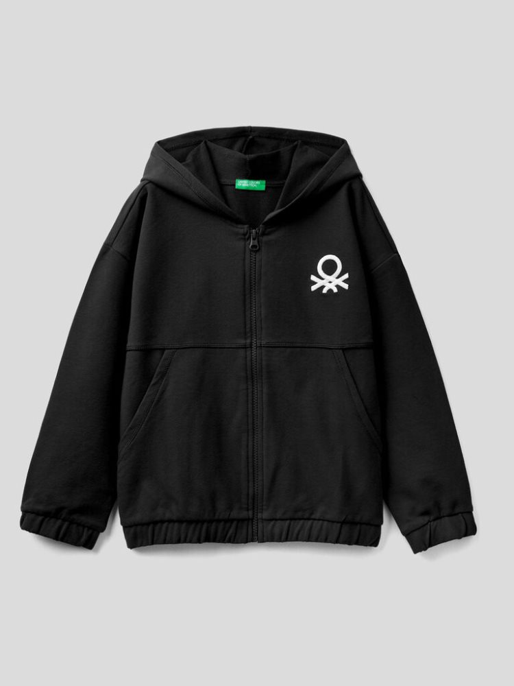 Benetton Warm Zip And Embroidered Logo Hoodie Kinderen Zwart | BE449901