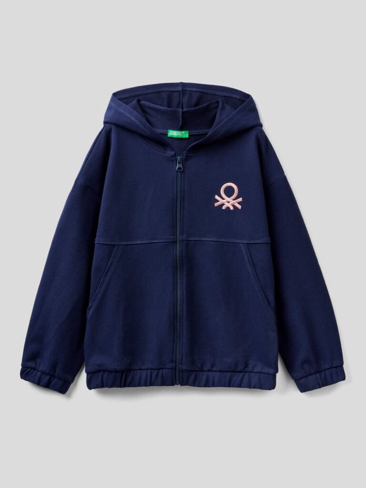 Benetton Warm Zip And Embroidered Logo Hoodie Kinderen Donkerblauw | BE993337