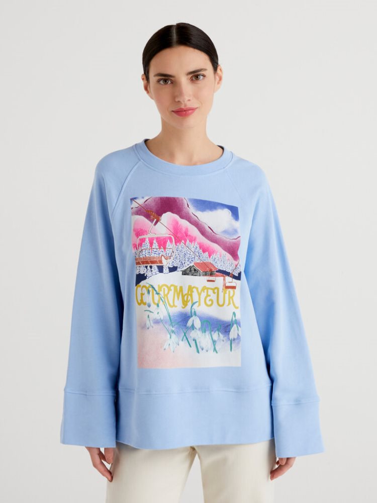 Benetton Winter Print Sweatshirt Dames Lichtblauw | BE029122