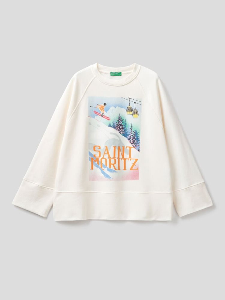 Benetton Winter Print Sweatshirt Dames Wit | BE645520