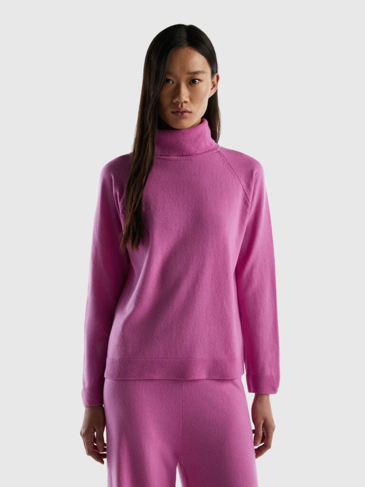 Benetton Wol And Cashmere Blend Turtleneck High Neck Sweaters Dames Roze | BE886082