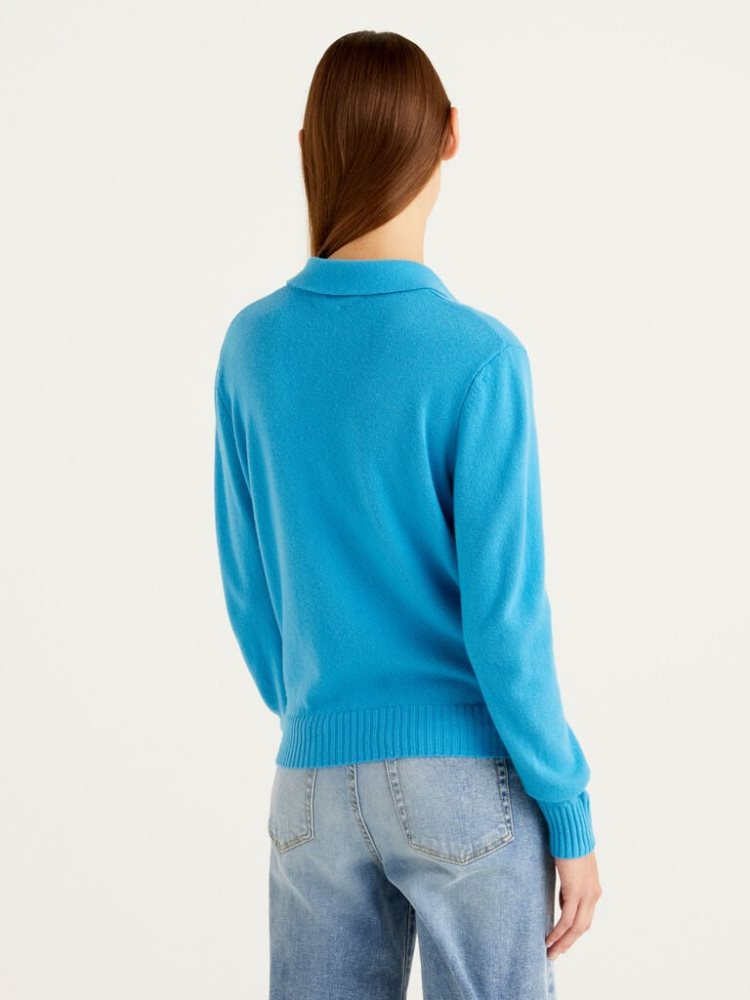 Benetton Wol And Cashmere V-neck Sweaters Dames Turquoise | BE122028