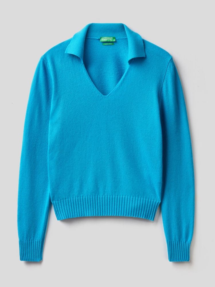 Benetton Wol And Cashmere V-neck Sweaters Dames Turquoise | BE122028