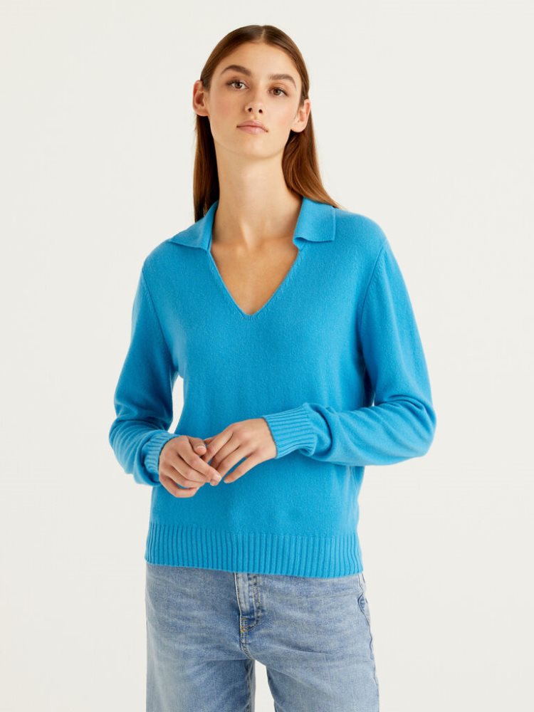 Benetton Wol And Cashmere V-neck Sweaters Dames Turquoise | BE122028