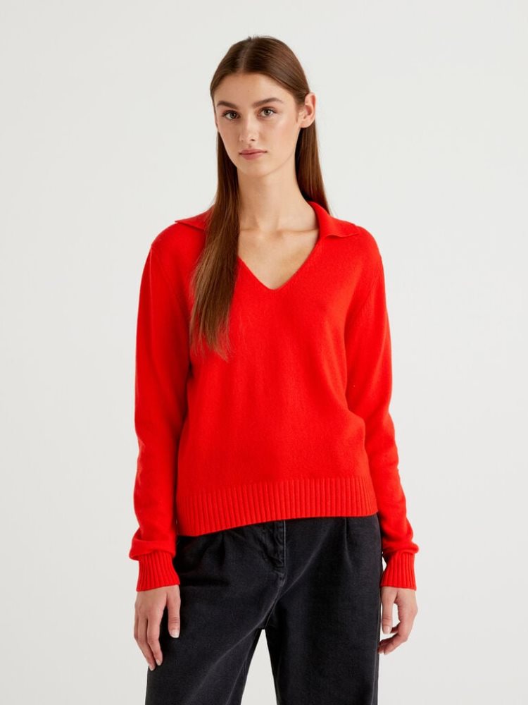 Benetton Wol And Cashmere V-neck Sweaters Dames Rood | BE186192