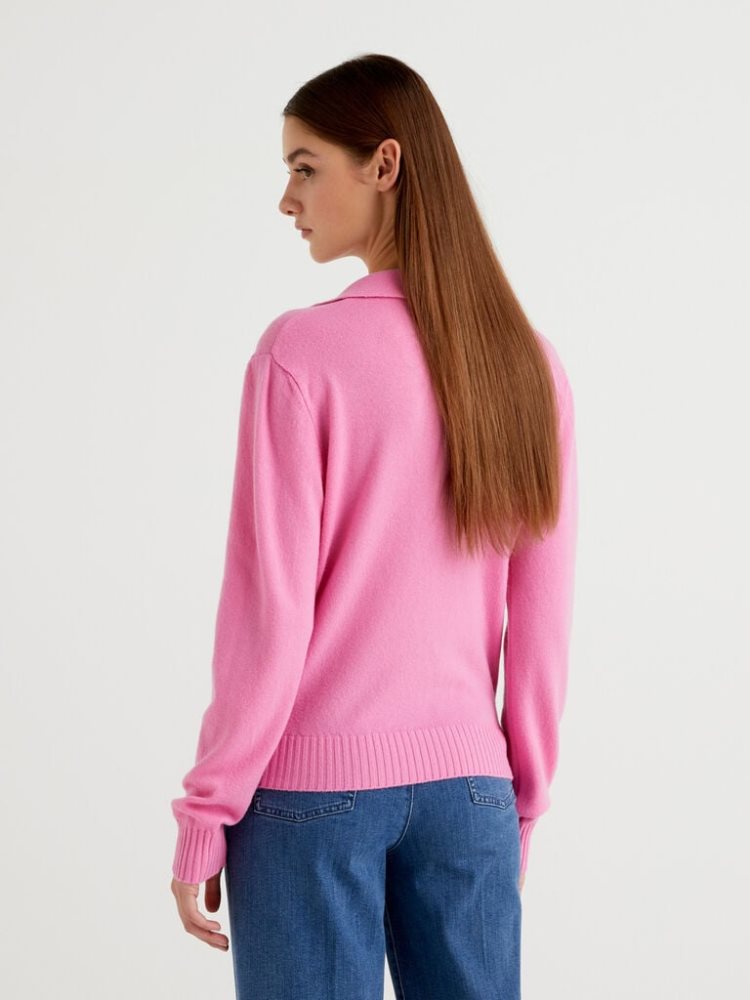 Benetton Wol And Cashmere V-neck Sweaters Dames Roze | BE240351