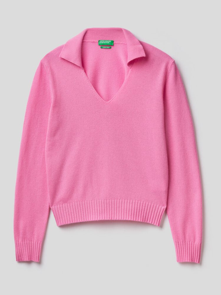 Benetton Wol And Cashmere V-neck Sweaters Dames Roze | BE240351