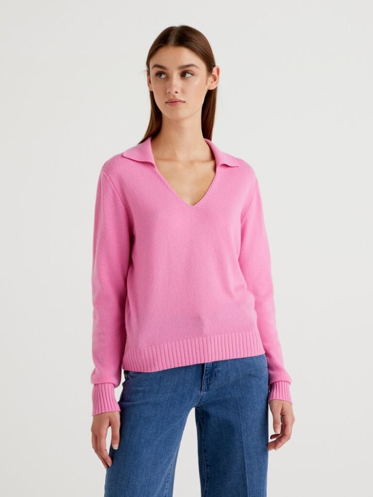 Benetton Wol And Cashmere V-neck Sweaters Dames Roze | BE240351