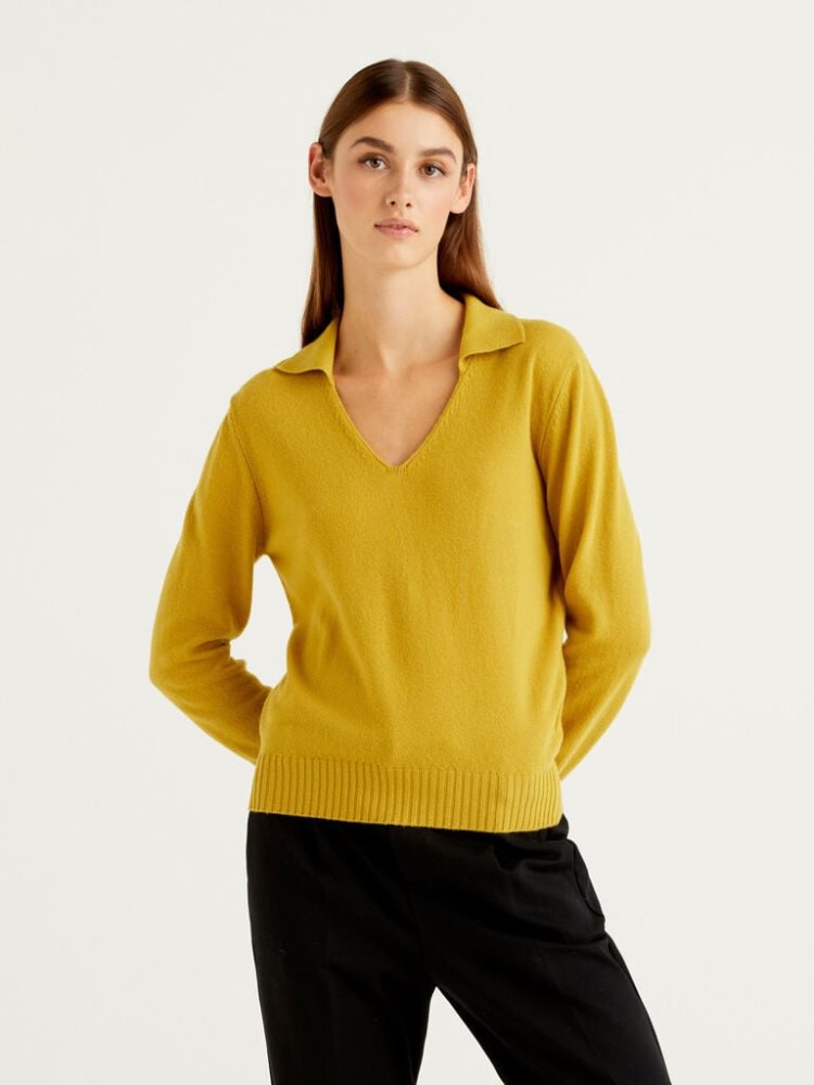 Benetton Wol And Cashmere V-neck Sweaters Dames Geel | BE409100